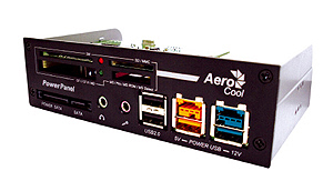 AeroCool PowerPanel, Aluminum front panel, 25 in 1 card reader, 1xSATA+1xPower SATA, 2xUSB2.0+ 1x5V